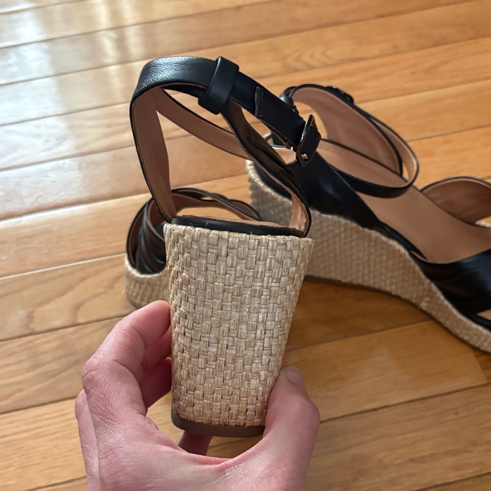 Johnston & Murphy Black Leather Espadrille Wedges with Ankle Strap - Picture 5 of 11